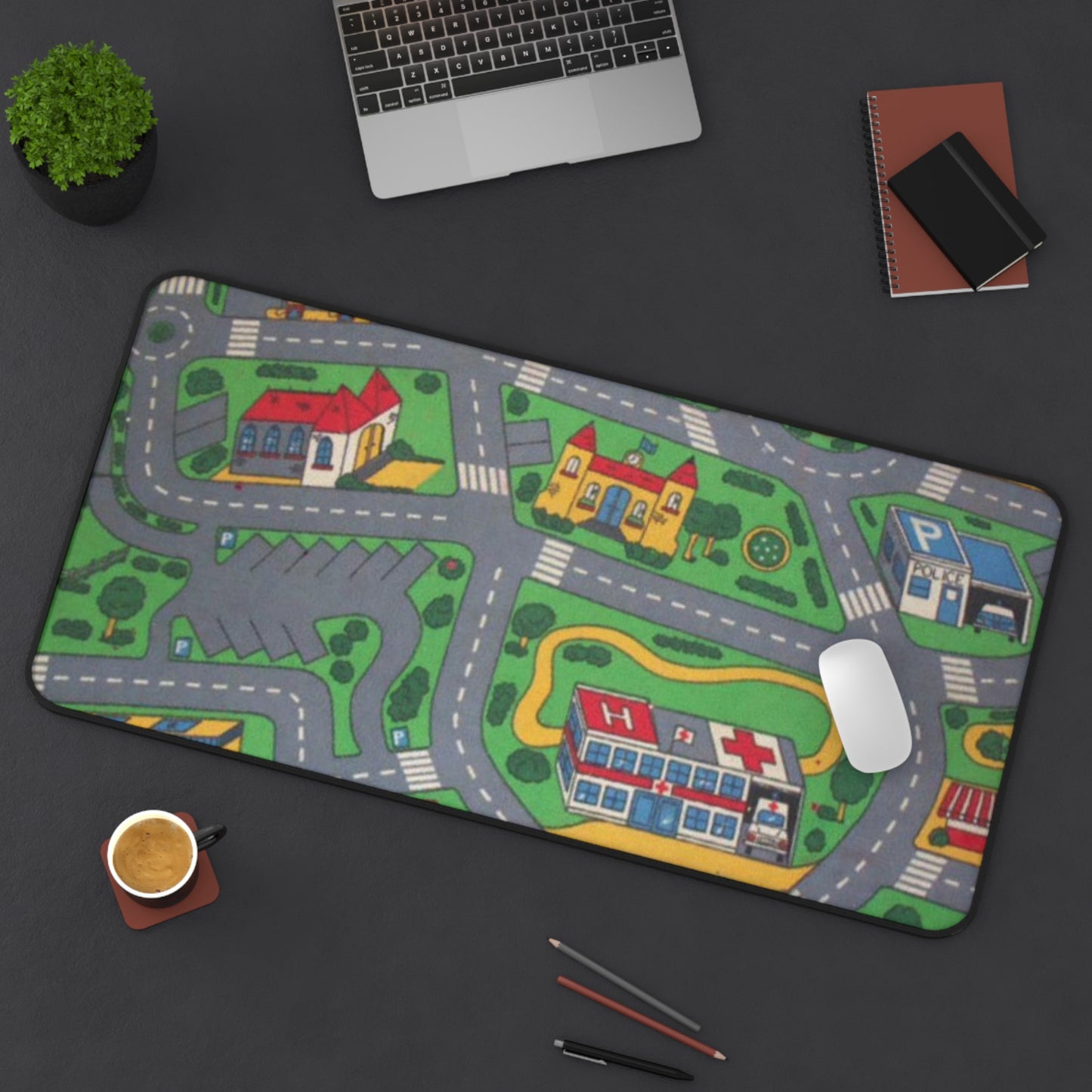 City Road Play Desk Mat — Kids Playroom Mouse Pad with Town Map Design