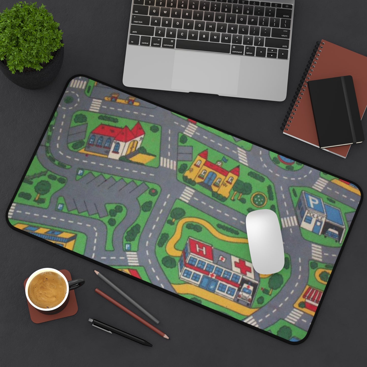 City Road Play Desk Mat — Kids Playroom Mouse Pad with Town Map Design