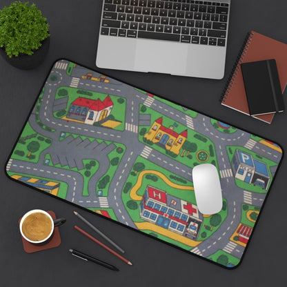 City Road Play Desk Mat — Kids Playroom Mouse Pad with Town Map Design