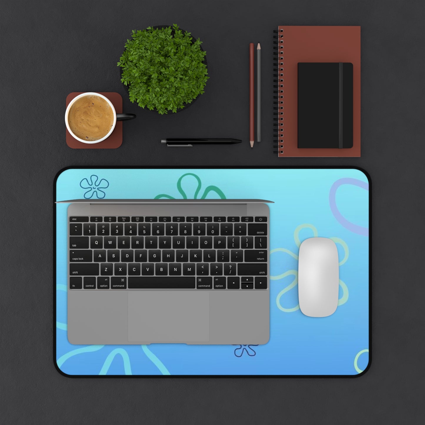 Blue SpongeBob Floral Beach Desk Mat — Underwater Flower Mousepad