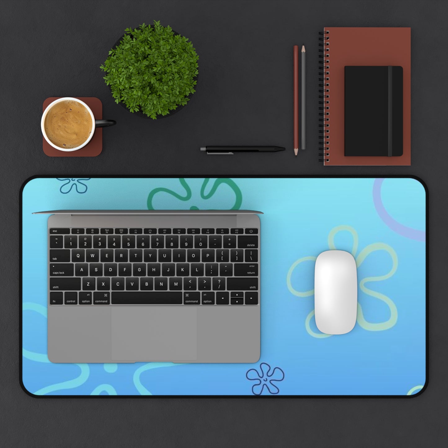 Blue SpongeBob Floral Beach Desk Mat — Underwater Flower Mousepad