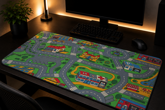 City Road Play Desk Mat — Kids Playroom Mouse Pad with Town Map Design