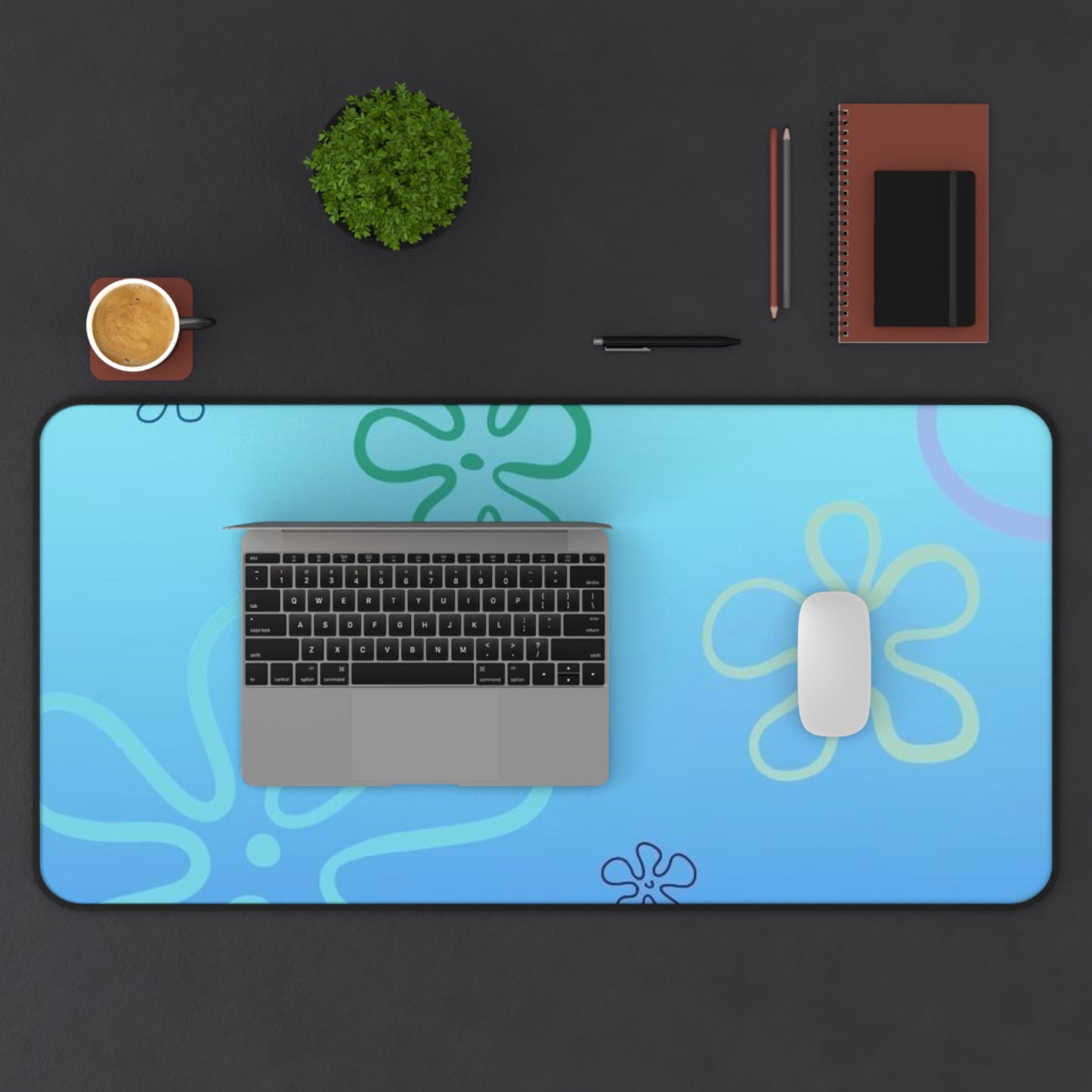 Blue SpongeBob Floral Beach Desk Mat — Underwater Flower Mousepad